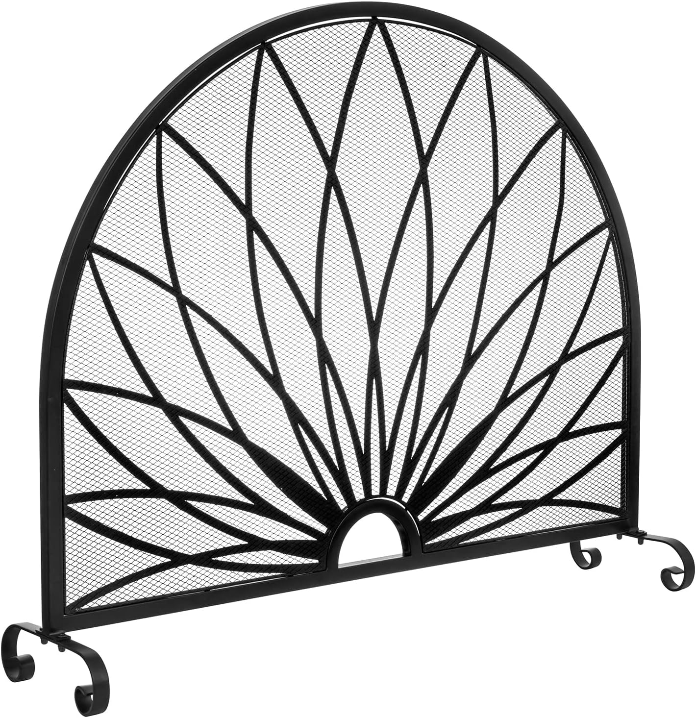 Black Metal Mesh Fan Style Freestanding Fireplace Screen, Fireplace