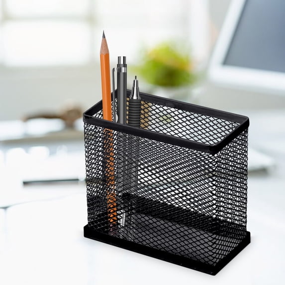 Black Metal Mesh Pen Holder, Square Desk Organizer, Stationery Pencil Cup for Office, Home and Makeup Brushes