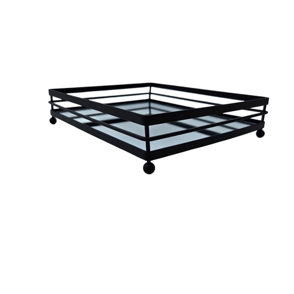 Black Metal Mirrored Vanity Tray Set of 2  Decorative Metal Frame Organizer with Glass Mirror Base, Large 10.5 x 8.5 x 2.5 & Small 9.5 x 7.5 x 2