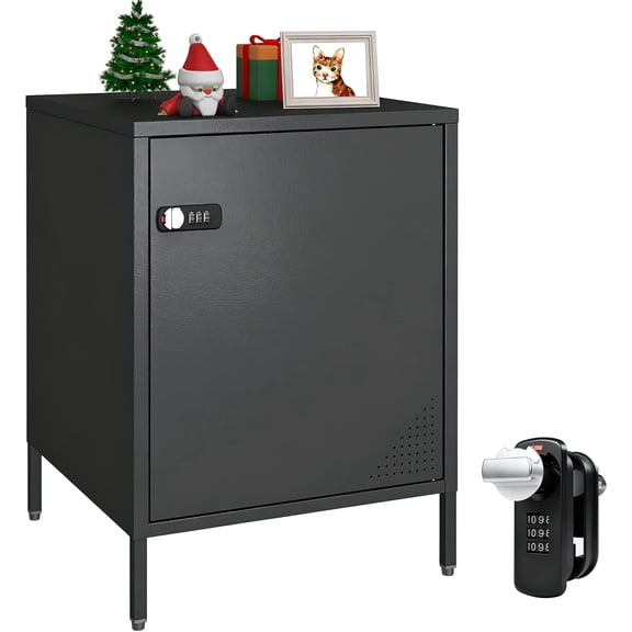 Black Metal Nightstand Single Door Locker, Metal End Table Lockable Bedside Storage Cabinet for Living Room, Bedroom, Dorm
