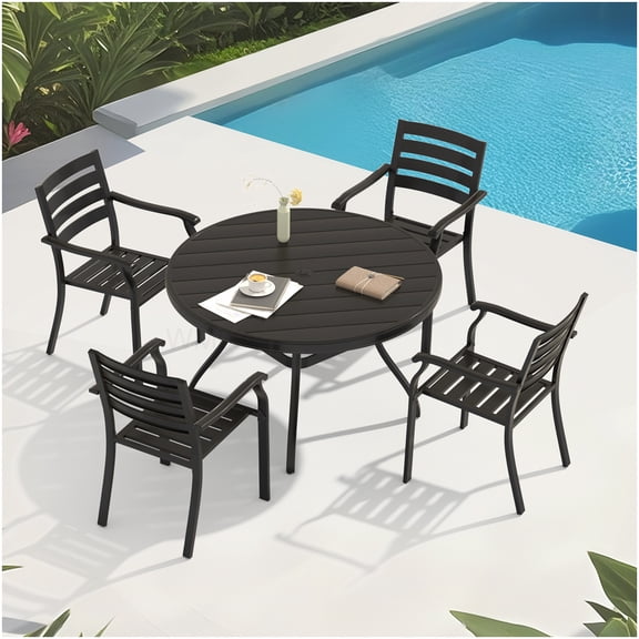 Black Metal Outdoor Dining Set, 40.6 Inch Round Table with 4 Stackable Chairs, Patio Furniture for Garden Backyard