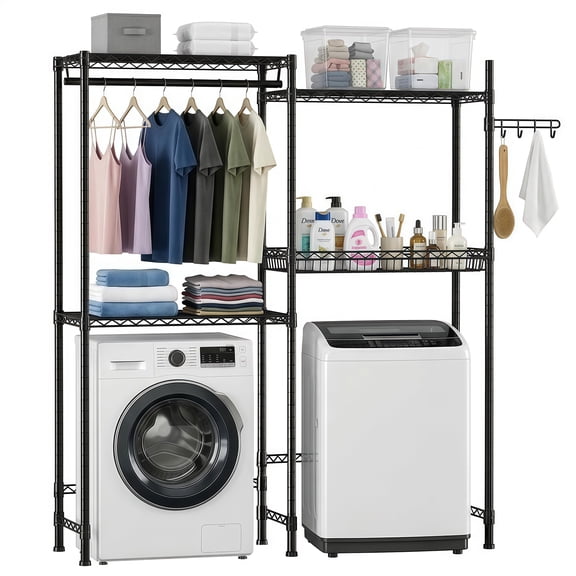 ECOBUY Over Washer and Dryer Shelves 4 Tier Laundry Drying Rack with Wire Basket & Rotating Hook, Heavy Duty Black Metal, 70.47 in W x 13.78 in D x 76.77 in H