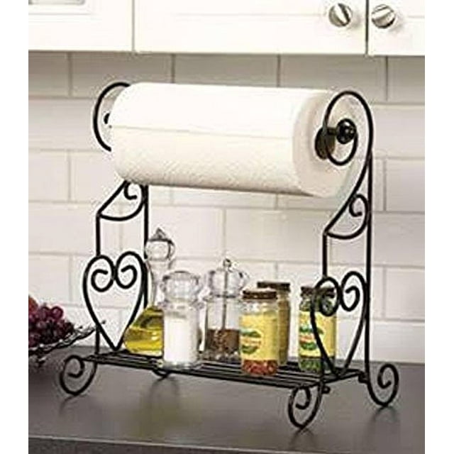 Black Metal Paper Towel Holder with Metal Scroll Shelf