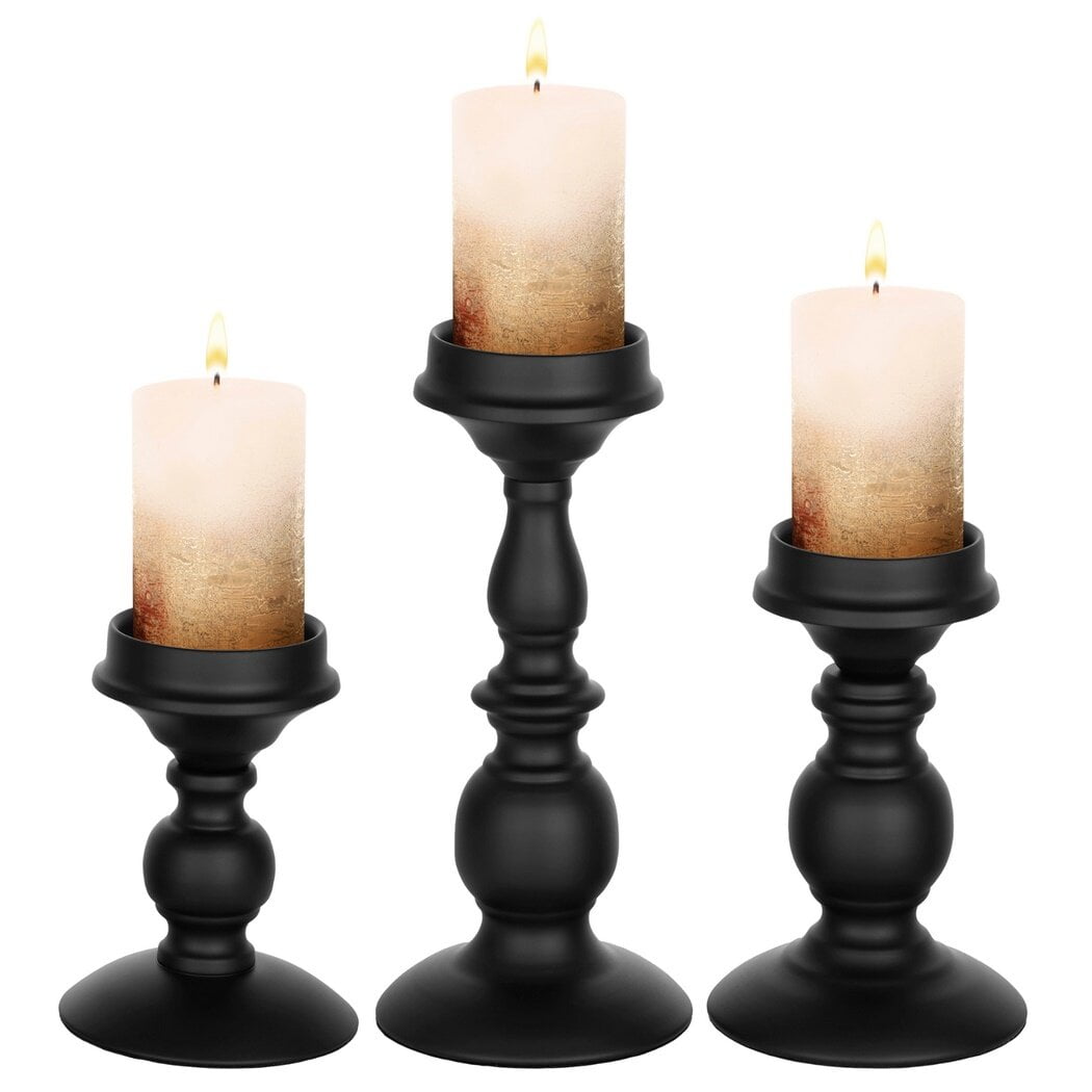 Black Iron Pillar Candle Holders Set of 3, 5.3/6.8/9.1 Inches
