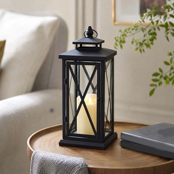 Black Metal Pillar Candle Lantern, Vintage Iron Candle Holder Retro, Swing-Open Door and Hanging Ring, Indoor Outdoor Use with Glass Window Protection, Tempered Glass Construction