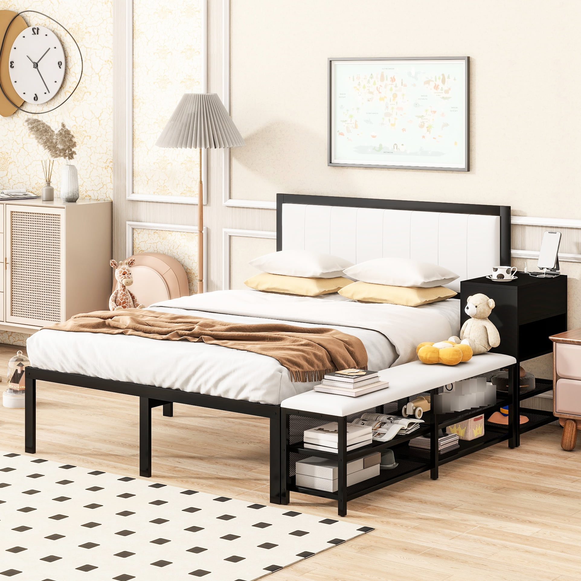 Fresh Look at Black Metal Platform Bed With Soft Padding Spacious Storage Shelves