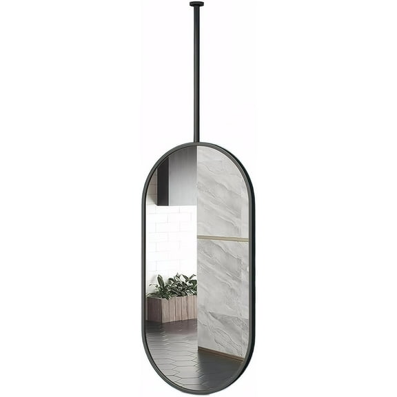 Black Metal Pole Ceiling Suspended Mirror, Wall Mounted Suspended Corridor Bathroom Mirror, Gold Oval Boom Mirror(Size:40 * 80CM,Color:Golden)