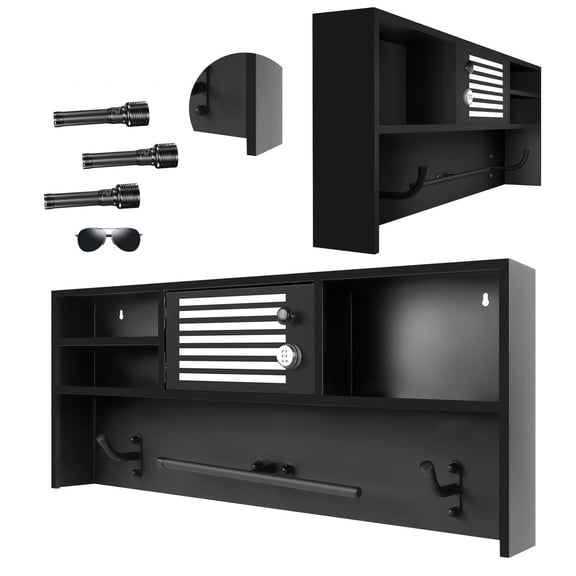 Black Metal Police Wall Rack, Police Gear Display Stand, Wall Mounted Utility Hanger, Combination Lock Storage Cabinet, Multi Open Shelves Hooks for Police Gift Station