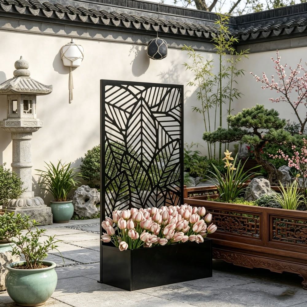 Black Metal Privacy Screen with Raised Garden Bed, 24”L×9”W×44.5”H Freestanding Outdoor Planter, Self-Draining & Wall Mountable for Entryway Patio Yard Decor