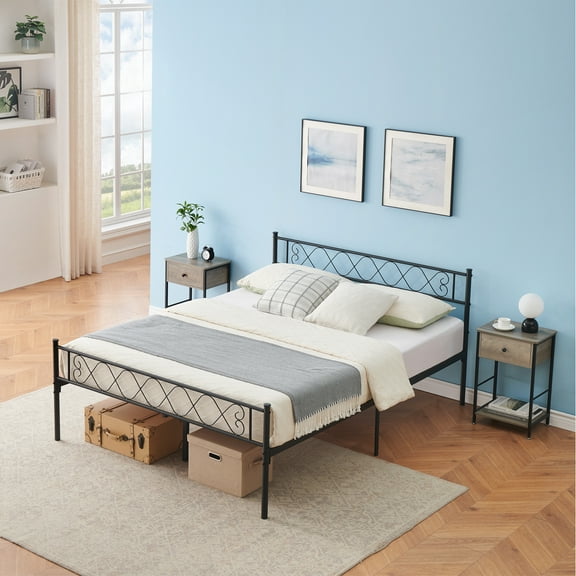 Black Metal Queen Bed Frame with Headboard and Footboard for Girls and Boys, Queen Size Platform Bed Frame with Iron-Art Sweet Heart, No Box Spring Needed, Easy Assembly