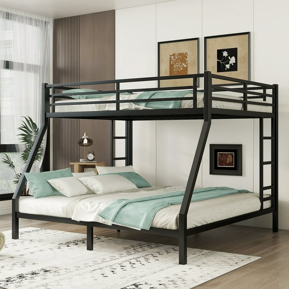Black Metal Queen over King Bunk Bed - Space-Saving Design, Noise-Reduced, No Box Spring, Durable Steel Frame, Ideal for Teens & Adults, Bedroom Furniture