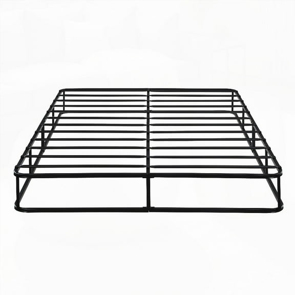 Black Metal Queen Mattress Foundation, 8.5 Inch High, 12 Slat Support, Textured Fabric Cover