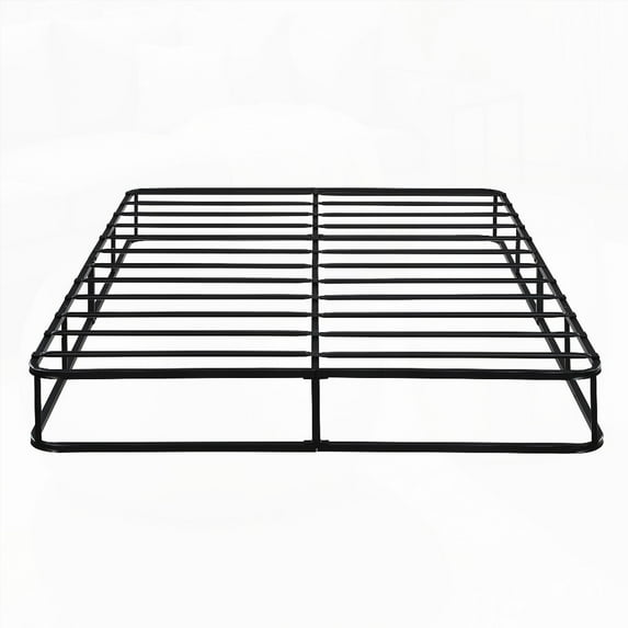 Black Metal Queen Mattress Foundation, 8.5 Inch High, 12 Slat Support, Textured Fabric Cover