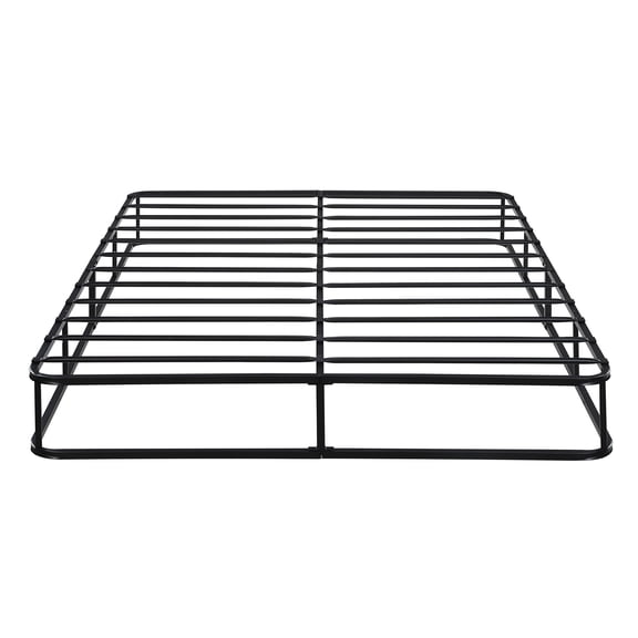 Black Metal Queen Mattress Platform - Textured Fabric Enclosure 12 Slat Support 700lb Capacity Easy Installation 8.5 Inch Frame Stand Cover 700lbs Assembly Height