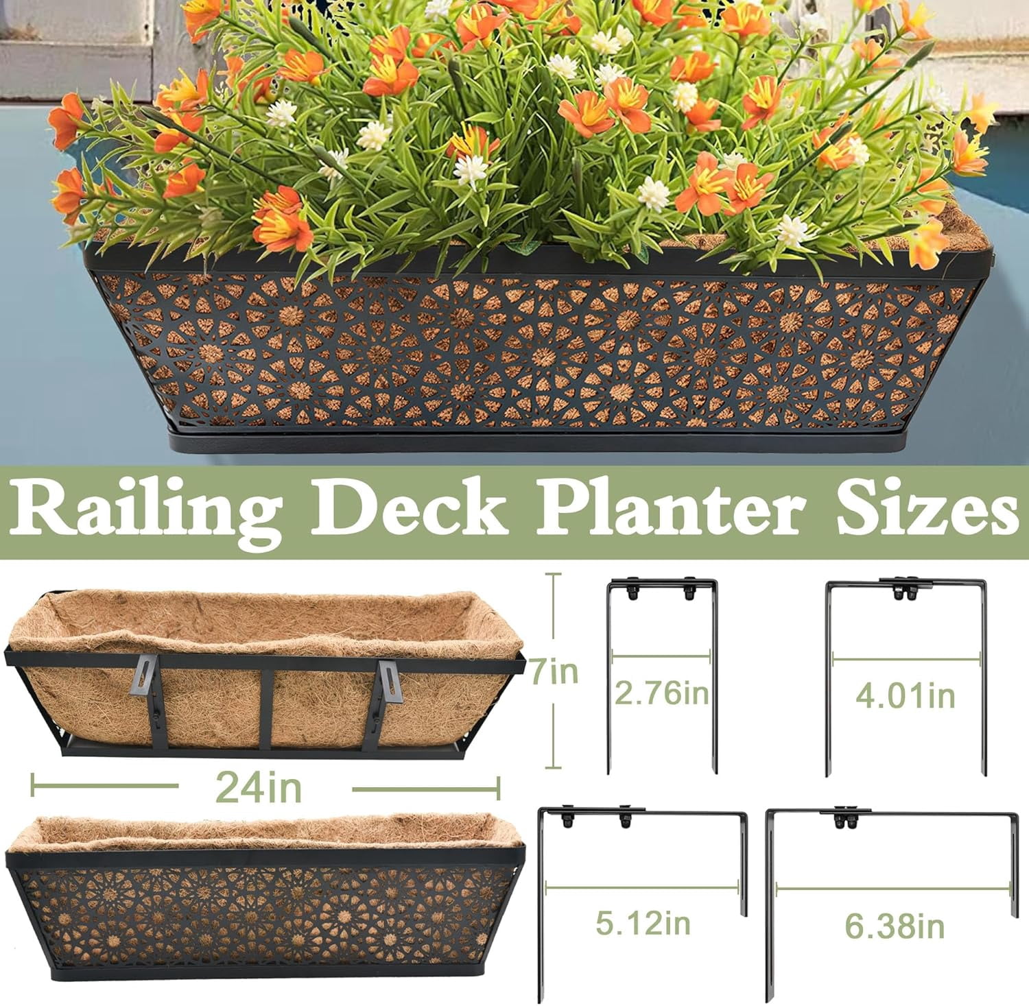 Black Metal Railing Planter Window Box (2 Pack, 24 Inch) with Coco ...