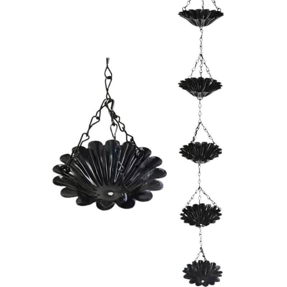 Black Metal Rain Chain, Five Floral Cups Gutter Downspout Replacement, Decorative Rainwater Diverter, Waterproof Outdoor Yard Garden Accessory For Roof Edge Landscape