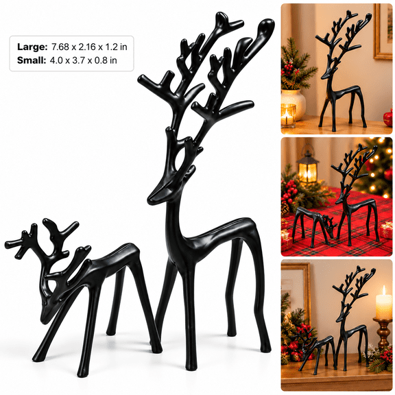 Black Metal Reindeer Decor Set of 2, Modern Christmas Reindeer Statues Large and Small Tabletop Figurines for Holiday Home Decoration