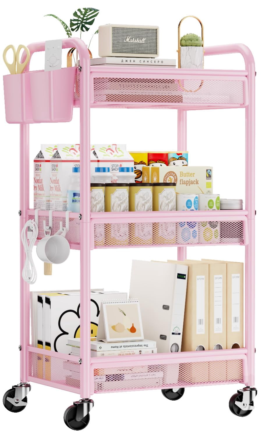 Black Metal Rolling Cart 3 Tier Utility Storage Organizer with Wheels Hanging Cups Hooks Mesh Basket for Bedside Kitchen Office