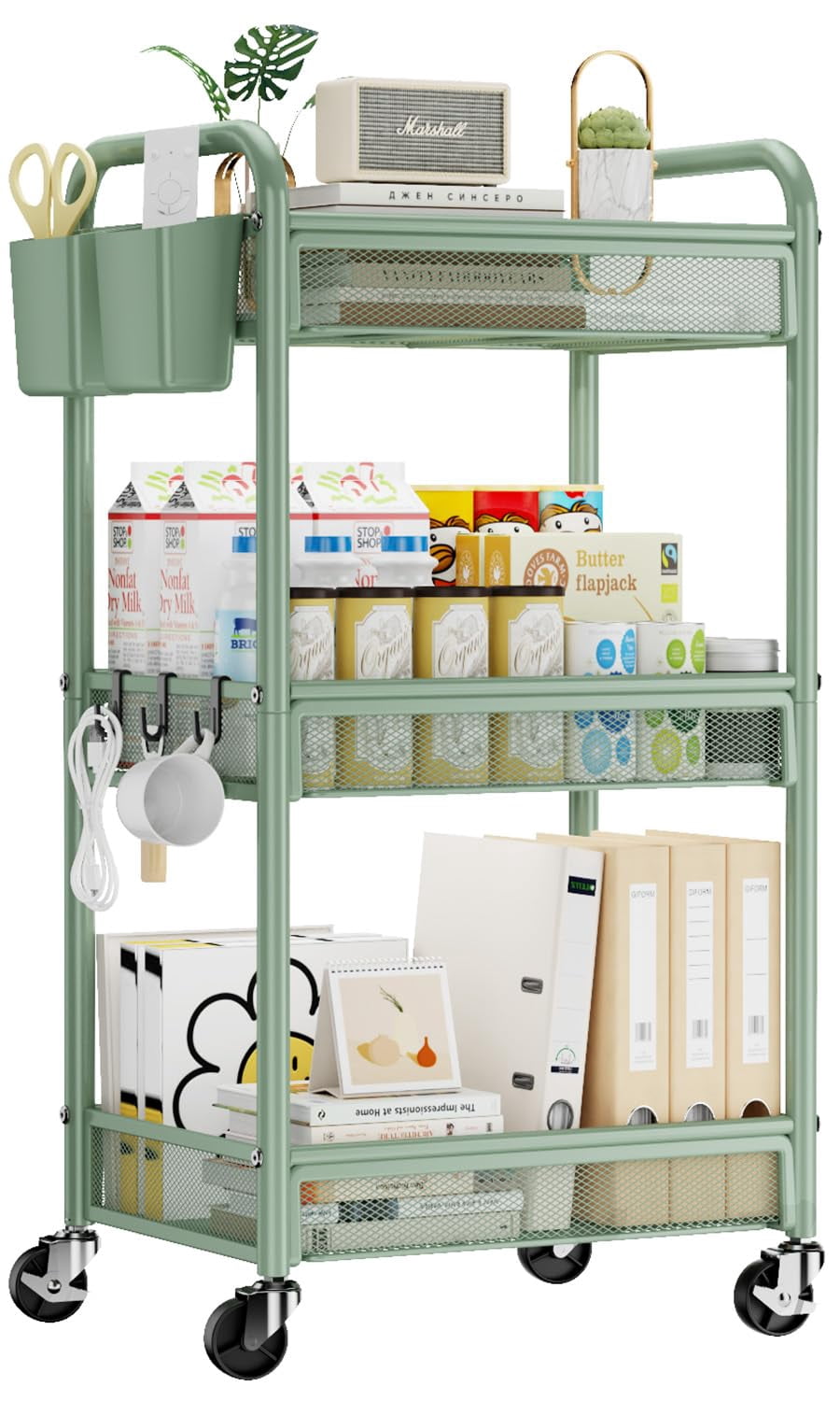 Black Metal Rolling Cart 3 Tier Utility Storage Organizer with Wheels Hanging Cups Hooks Mesh Basket for Bedside Kitchen Office