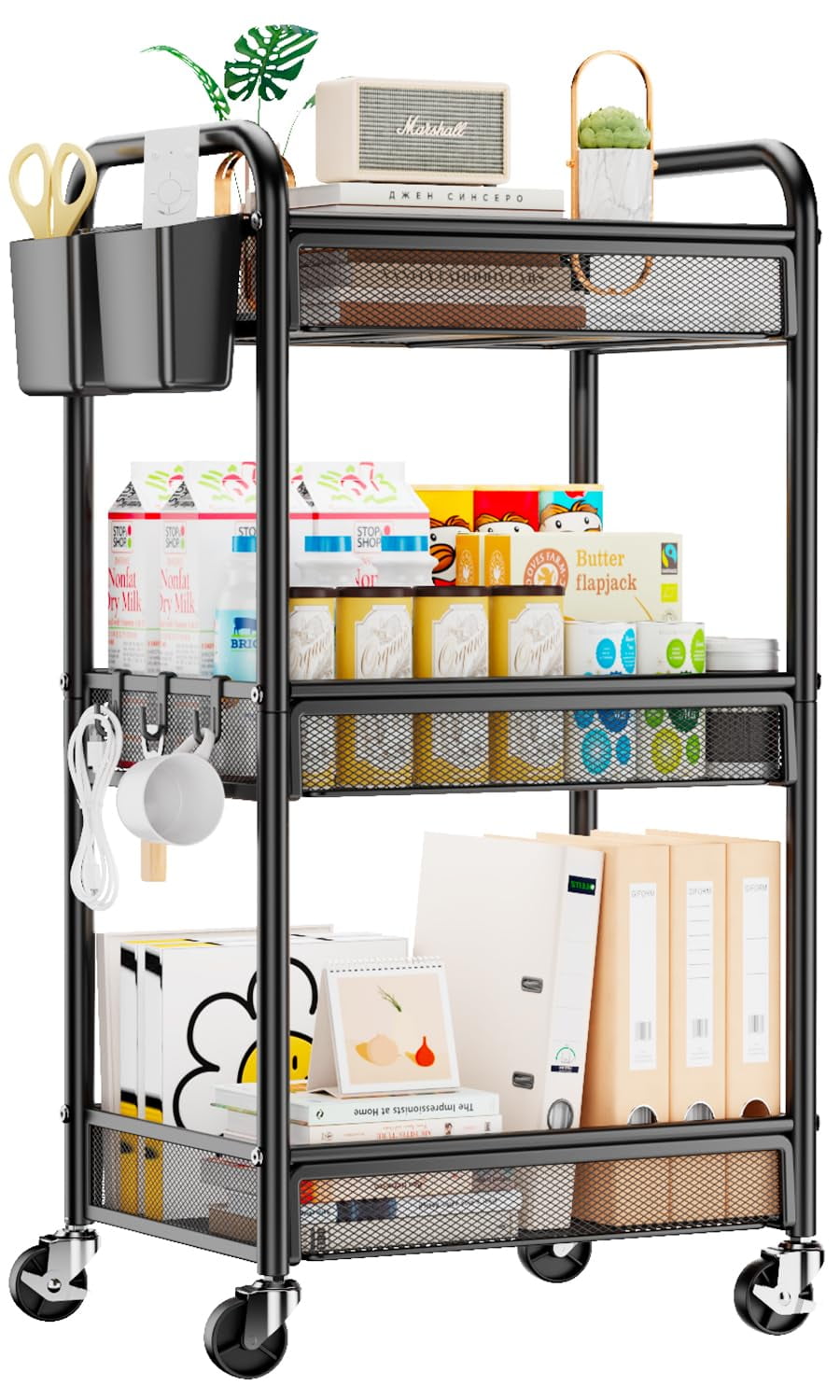 Black Metal Rolling Cart 3 Tier Utility Storage Organizer with Wheels Hanging Cups Hooks Mesh Basket for Bedside Kitchen Office