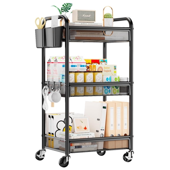 Black Metal Rolling Cart 3 Tier Utility Storage Organizer with Wheels Hanging Cups Hooks Mesh Basket for Bedside Kitchen Office