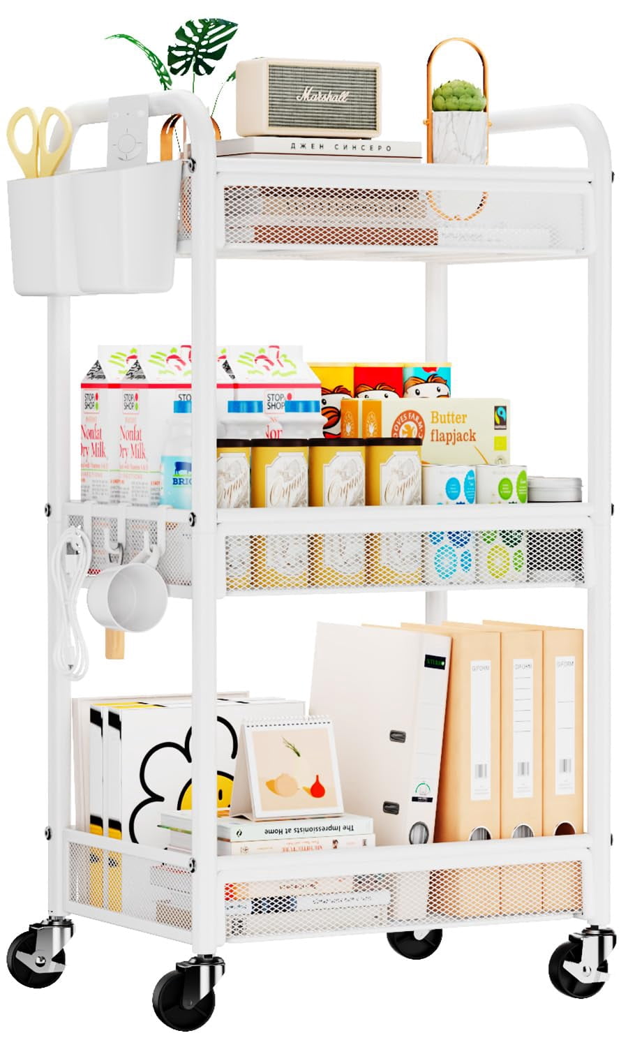 Black Metal Rolling Cart 3 Tier Utility Storage Organizer with Wheels Hanging Cups Hooks Mesh Basket for Bedside Kitchen Office
