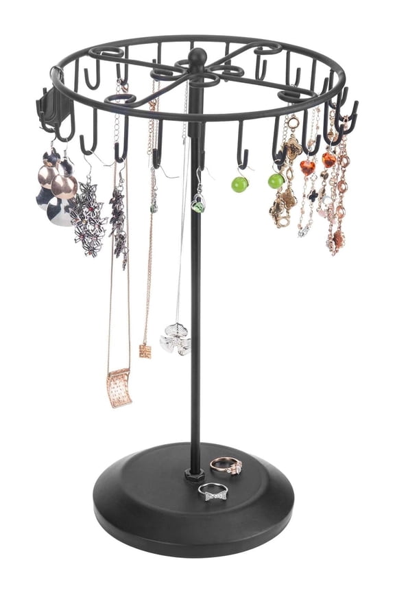 Black Metal Rotating Jewelry Organizer Jewelry Stand Display Tree for Women with 24 Hooks for Necklaces, Earrings