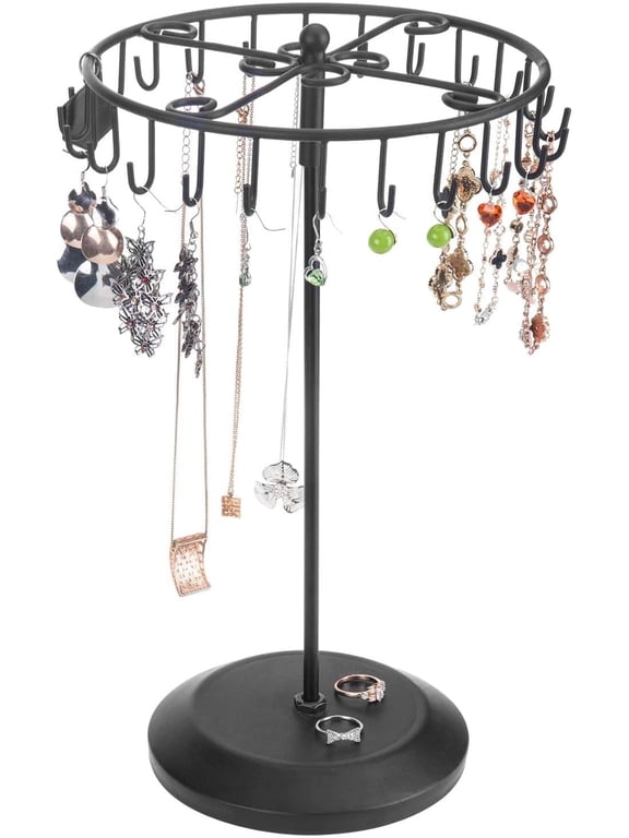Black Metal Rotating Jewelry Organizer Jewelry Stand Display Tree for Women with 24 Hooks for Necklaces, Earrings