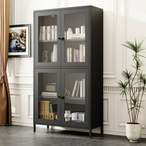 Black Metal Side Cabinet With 4 Glass Doors And Shelves - Garage Adjustable Coating For Office
