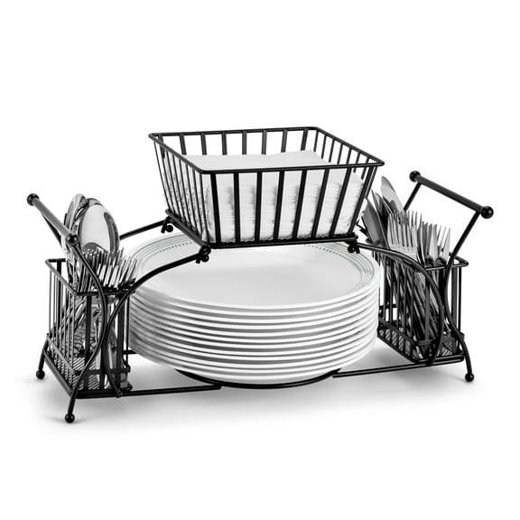 Black Metal Stackable Utensil Caddy With Napkin Basket And Plate Holder