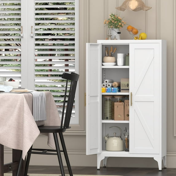 White Metal Storage Cabinet, 47" Steel Cabinets for Home Office, Kitchen Pantry Storage Cabinet with Doors and 3 Adjustable Shelves, for Office, Home, Garage, School