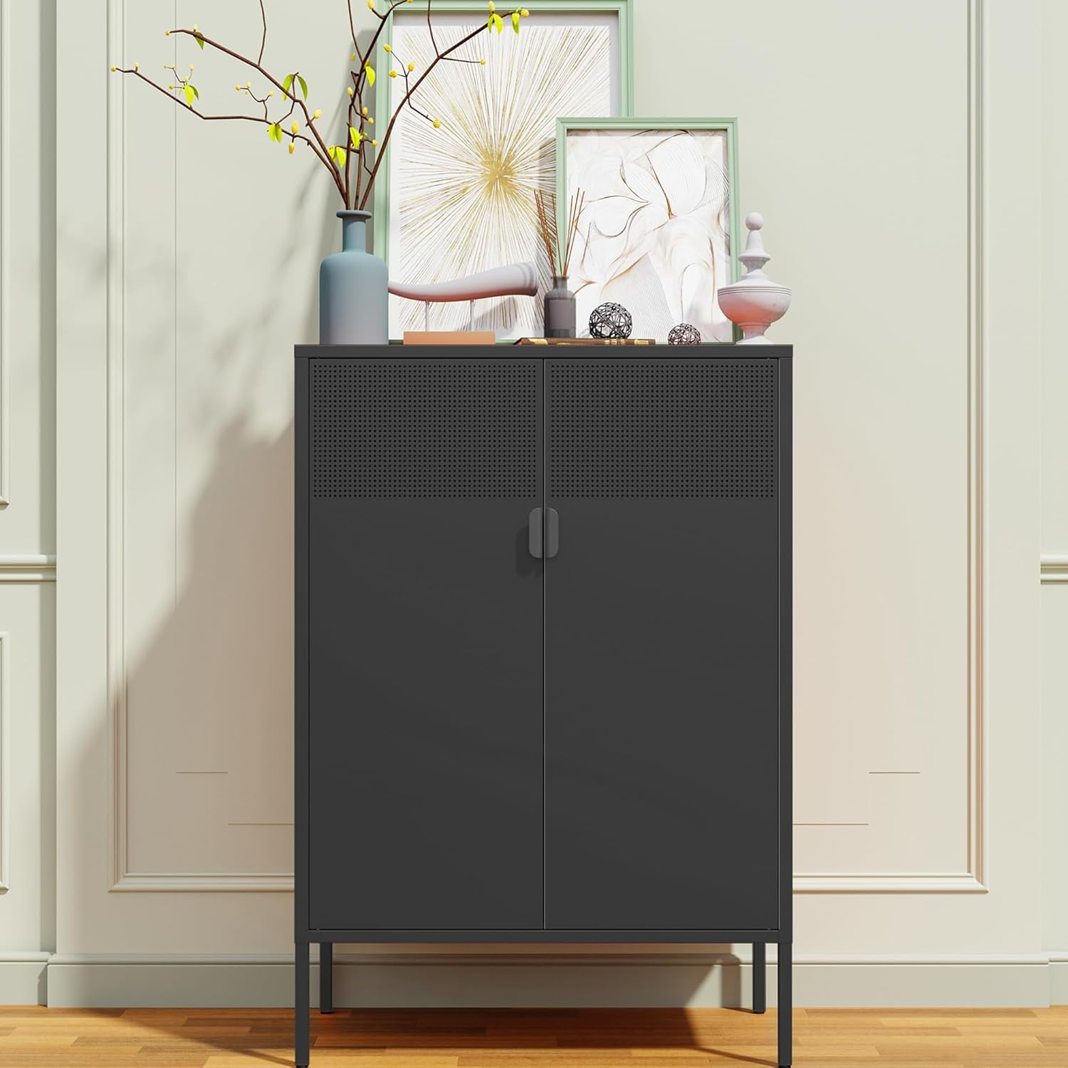 Black Metal Storage with Doors and 4 Adjustable Shelves Metal