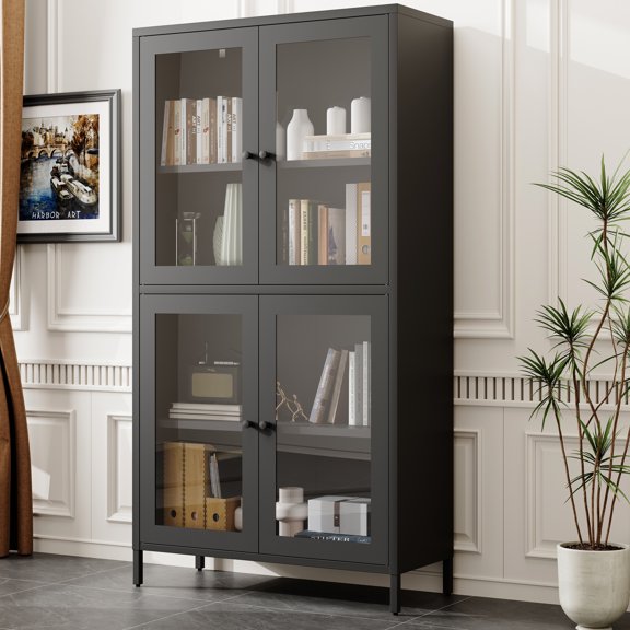 Black Metal Storage Cabinet With Reinforced Glass Doors For Kitchen Adjustable Shelves And 4 - Bedroom