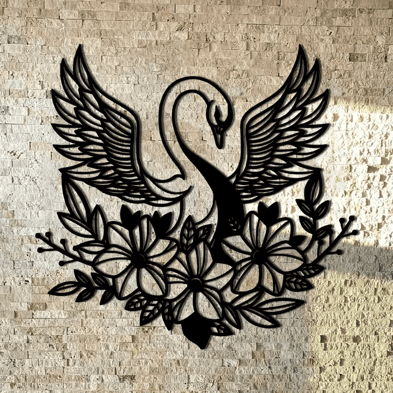 Black Metal Swan Wall Sculpture with Floral Wing Design, Indoor