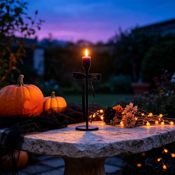 Black Metal Taper Candle Holder with Satin Bow - Gothic Halloween Table Centerpiece, Fall Harvest Indoor Display for Mantel, Home & Holiday Decor