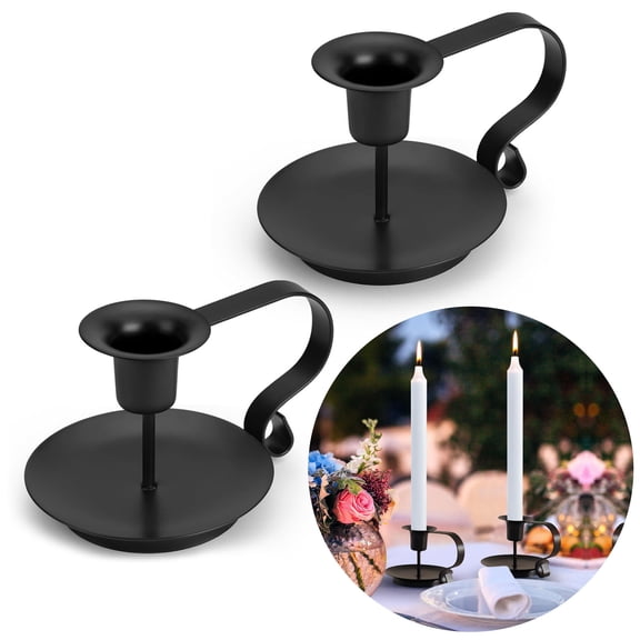 Black Metal Taper Candle Holders Set of 2, Vintage Chamberstick Candle Holder with Handle for Taper Candles, Farmhouse Rustic Candle Holders for Table Decor, Halloween Christmas Decoration