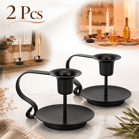 Black Metal Taper Candle Holders Set of 2, Vintage Chamberstick Candle Holder with Handle for Taper Candles, Farmhouse Rustic Candle Holders for Table Decor, Halloween Christmas Decoration