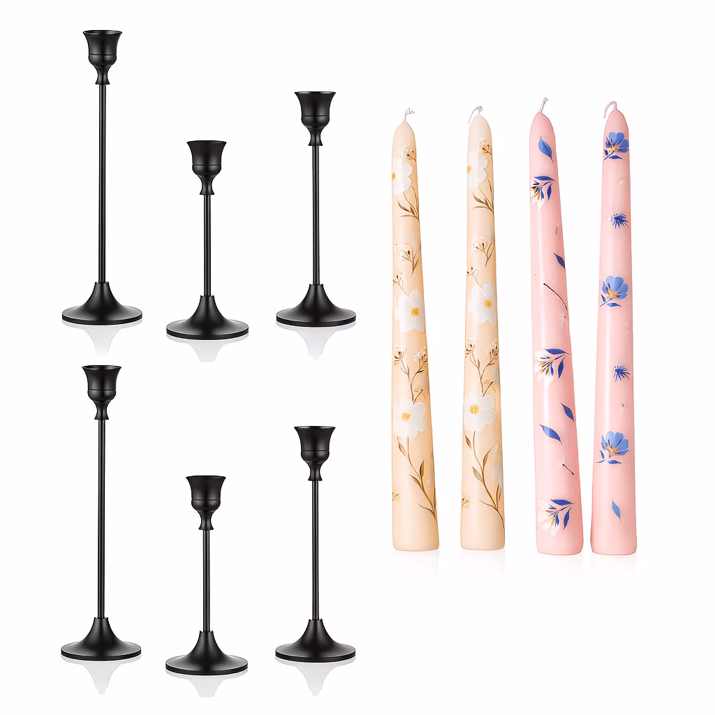 Black Metal Taper Candlestick Holders, 6 Pcs with 4 Floral Printed Candles, Tall Candle Stand Set for Wedding Centerpieces, Mantel and Dining Table Decor
