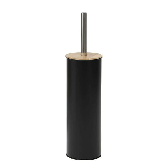 Black Metal Toilet Brush and Holder Set With Bamboo Lid