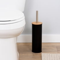 Black Metal Toilet Brush and Holder Set With Bamboo Lid