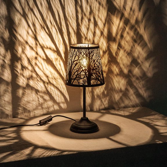 Black Metal Tree Shadow Table Lamp with Cord Switch, Small Bedside Night Light for Bedroom Living Room Decor