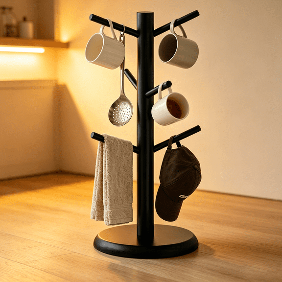 Black Metal Tree Shaped Kitchen Utensil Holder, Multi-Hook Organizer  For Cups, Mugs, Towels, Spoons & Gadgets, Perfect for Countertop, Pantry, Coffee Bar & RV, 13.4"6.3"