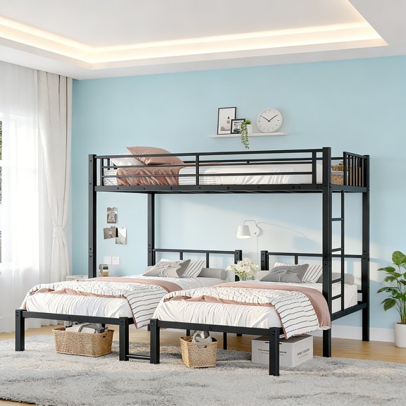 Black Metal Triple Bunk Bed, Twin over Twin & Twin XL Configuration, Three Sleeping Spaces, No Box Spring Needed