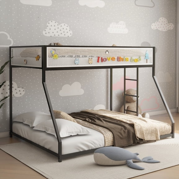 Full Size Metal Platform Bed Frame with White Mesh Guard Rail and Black Color for Bedroom