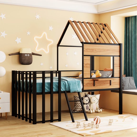 Black Metal Twin Loft Bed with Stable Frame and Guardrail - Keep You Safe While Sleeping