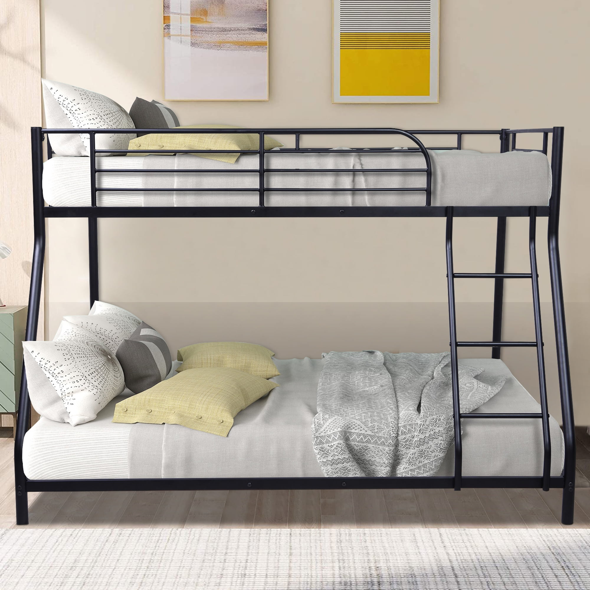 Black Metal Twin Over Full Bunk Bed with Safety Rails & Ladder, Space
