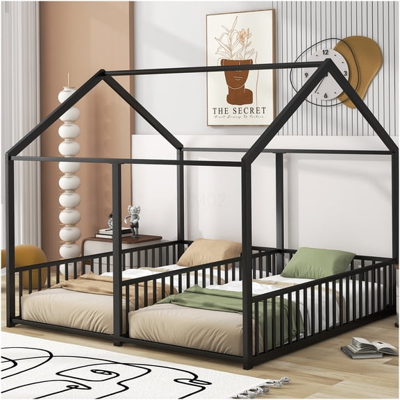 Black Metal Twin Shared Bed Frame with Roof Guardrails, No Box Spring Required, Space Efficient Platform Bed for Multiple Sleepers, Modern Design