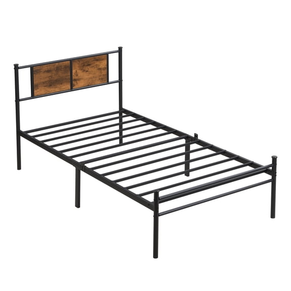 Black Metal Twin XL Platform Bed Frame with Rustic Brown Wood Panel Headboard, Elevated Underbed Storage Space No Box Spring Needed