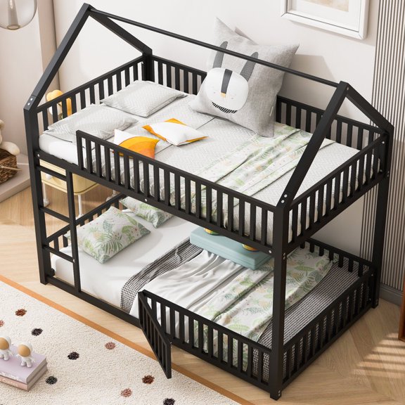 Black Metal Twin over Twin House Bunk Bed with Fence and Door for Private and Playful Bedtime