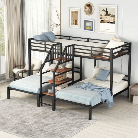 Black Metal Twin over Twin & Twin Bunk Bed Having Storage Space